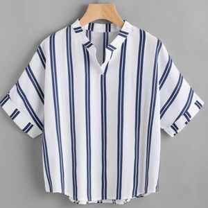 Band Collar Stripe Popover Shirt White‎ Blue Stripes Women's Size Small